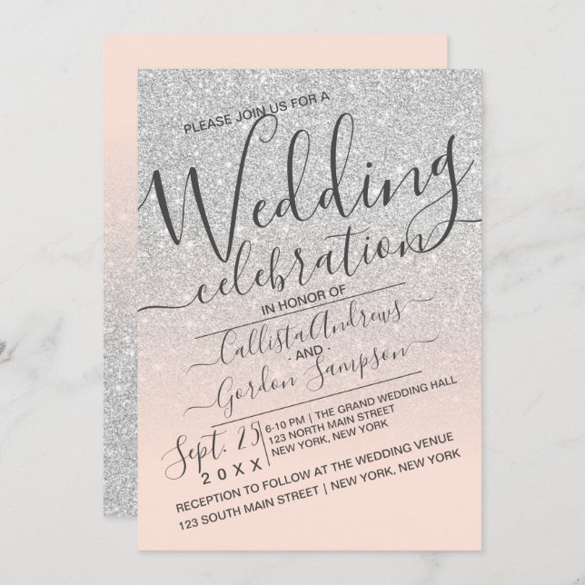 Luxury Silver Pink Sparkly Glitter Ombre Wedding Invitation (Front/Back)