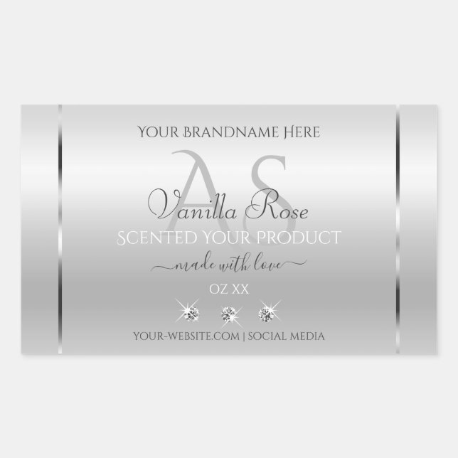 Luxury Silver Product Labels Diamonds and Monogram (Front)