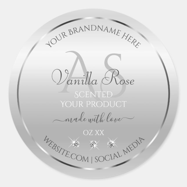 Luxury Silver Product Labels Diamonds and Monogram (Front)