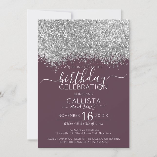 Luxury Silver Purple Glitter Confetti Birthday Invitation (Front)