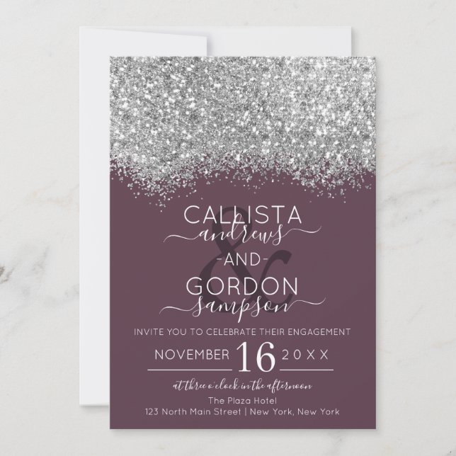 Luxury Silver Purple Glitter Confetti Engagement Invitation (Front)