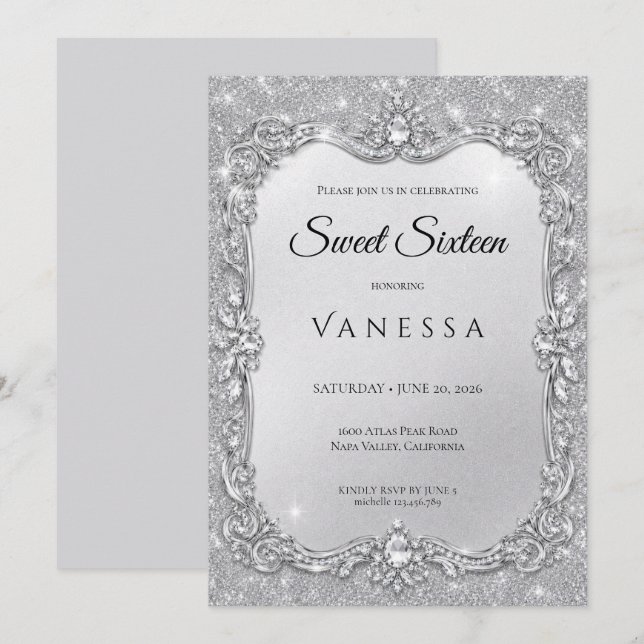 Luxury Silver Rhinestones Glitter sweet 16 Invitation (Front/Back)