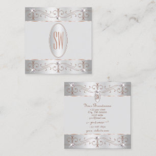 Luxury Silver Rose Gold Ornate Ornaments Monogram Square Business Card
