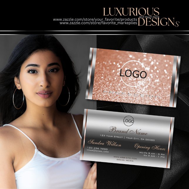 Luxury Silver Rose Gold Sparkle Glitter add Logo Business Card (Creator Uploaded)