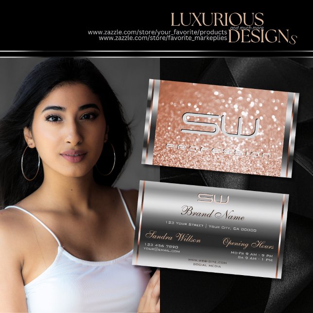 Luxury Silver Rose Gold Sparkle Glitter Monogram Business Card (Creator Uploaded)