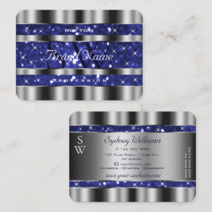 Luxury Silver Royal Blue Sparkle Glitter Monogram Business Card