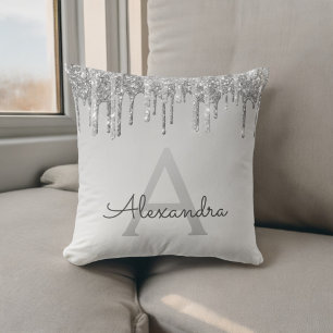 Luxury Silver Sparkle Glitter Monogram Cushion