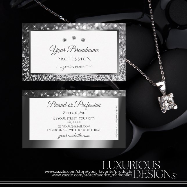 Luxury Silver Sparkling Glitter Diamonds on White Business Card (Creator Uploaded)