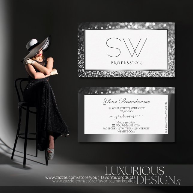 Luxury Silver Sparkling Glitter on White Monogram  Business Card (Creator Uploaded)