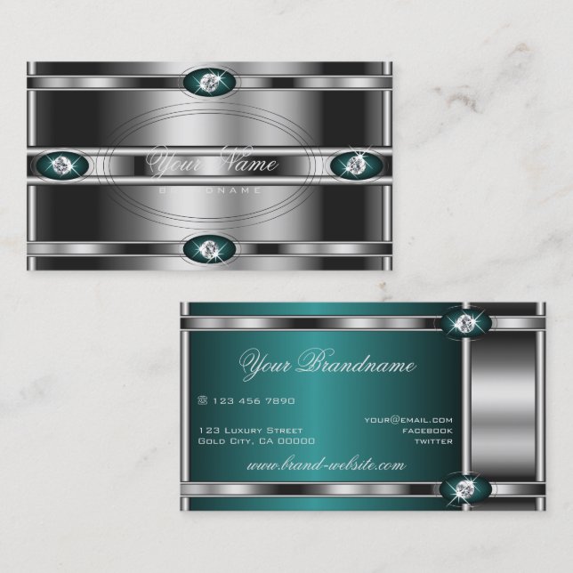 Luxury Silver Teal Gradient Luminous Faux Diamonds Business Card (Front/Back)
