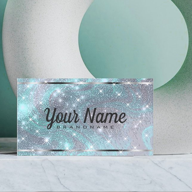 Luxury Silver Teal Marbled Glitter Shiny Stars  Business Card (Creator Uploaded)