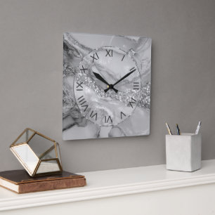 Luxury Silver & White Flowing Marble Square Wall Clock