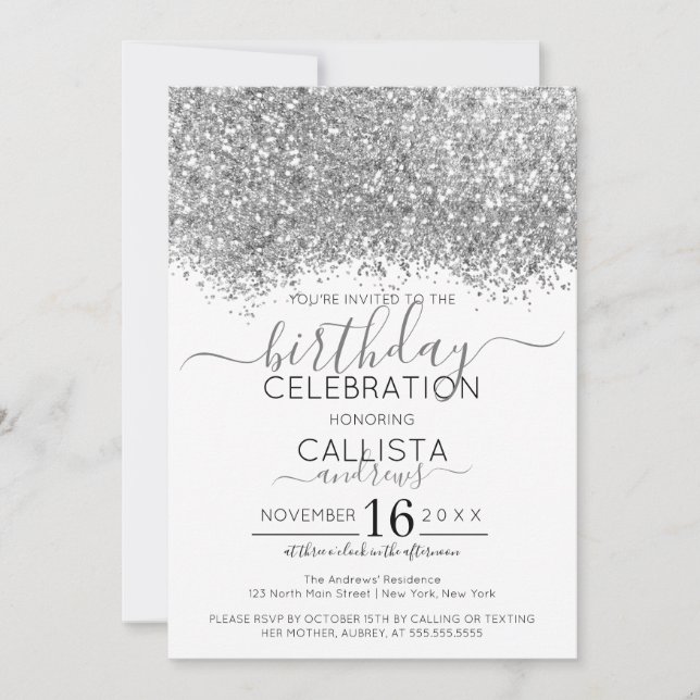 Luxury Silver White Glitter Confetti Birthday Invitation (Front)