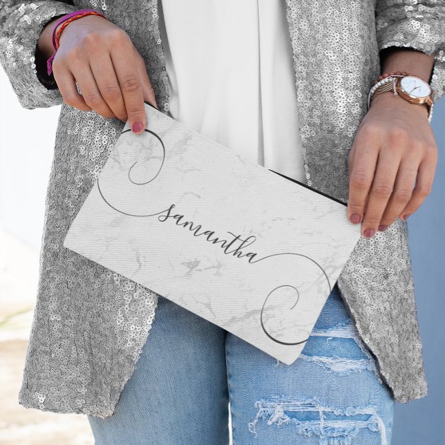 Luxury Silver White Marble Curly Signature Name Accessory Pouch (Luxury Silver White Marble Curly Signature Name Accessory Pouch)