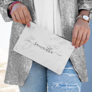 Luxury Silver White Marble Signature Name Accessory Pouch
