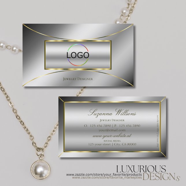 Luxury Silver with Luminous Gold Decor and Logo Business Card (Creator Uploaded)