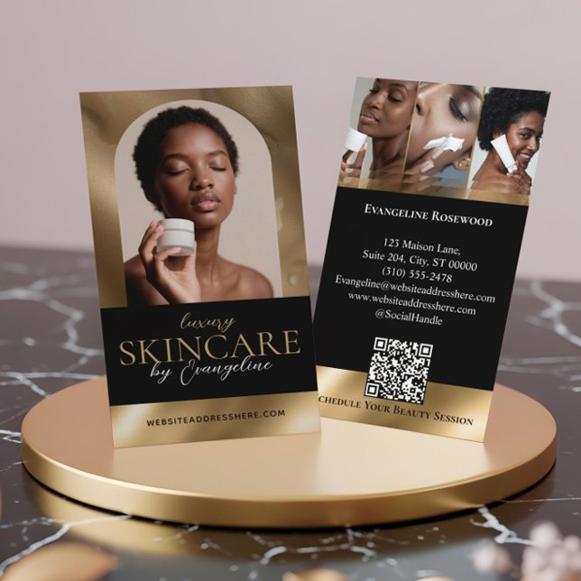 Luxury Skincare Esthetician Arch Photo Black Gold Business Card (Luxury Skincare Esthetician Arch Photo Black Gold Business Card)
