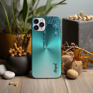 Luxury Sparkle Teal Dripping Glitter Personalised, iPhone 13 Pro Max Case