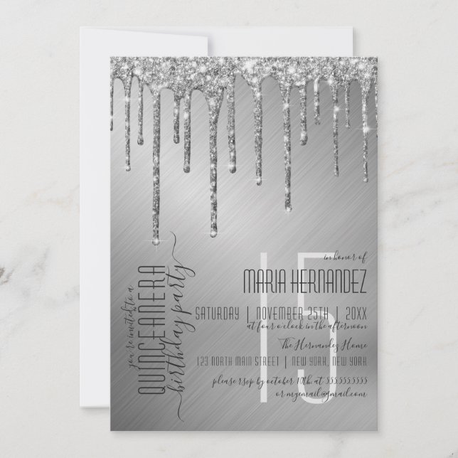 Luxury Sparkly Silver Glitter Drips Quinceañera Invitation (Front)