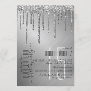 Luxury Sparkly Silver Glitter Drips Quinceañera Invitation