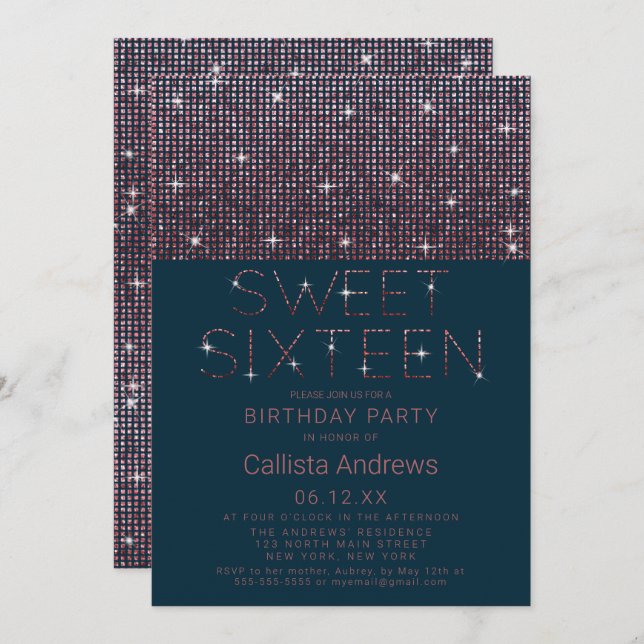 Luxury Sparkly Teal Pink Glitter Sequins Sweet 16 Invitation (Front/Back)