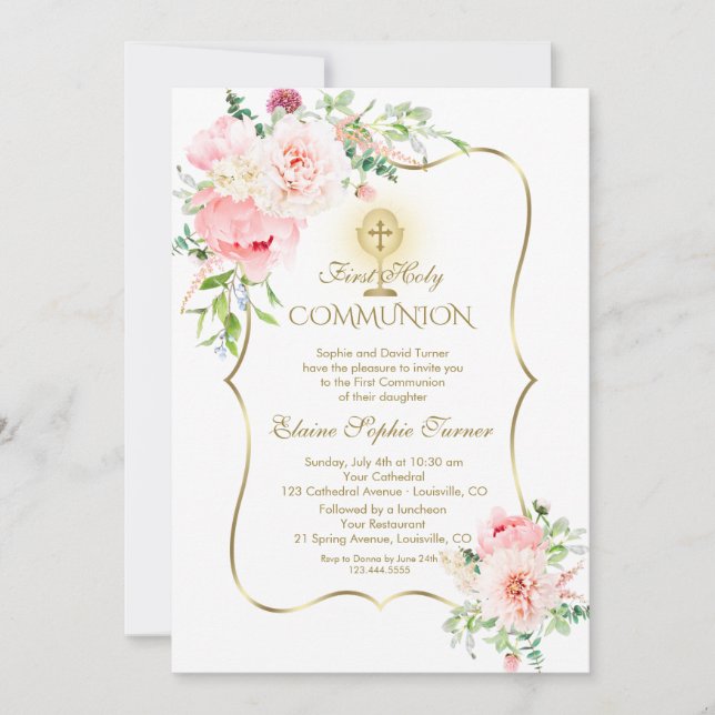 Luxury Spring Blush Floral Gold Holy Communion Invitation (Front)