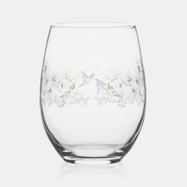 Luxury Spring Wildflower bird Rose Garden Seamless Stemless Wine Glass (Back)