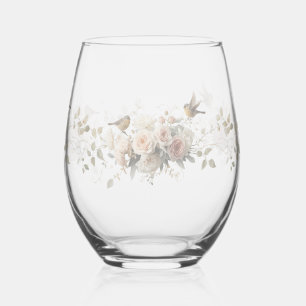 Luxury Spring Wildflower bird Rose Garden Seamless Stemless Wine Glass