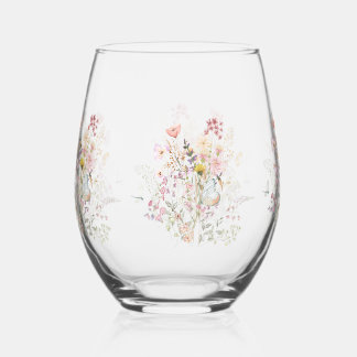 Luxury Spring Wildflower Butterfly Rose Garden Stemless Wine Glass