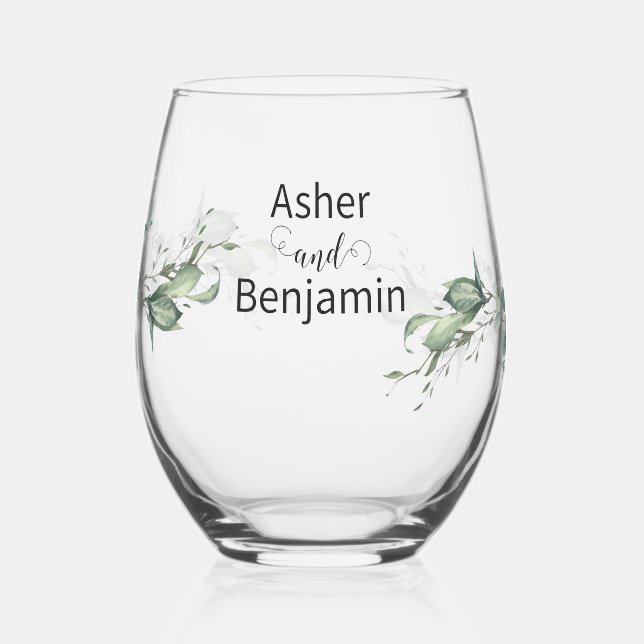 Luxury Spring Wildflower Ivy Rose Garden wedding Stemless Wine Glass (Left)