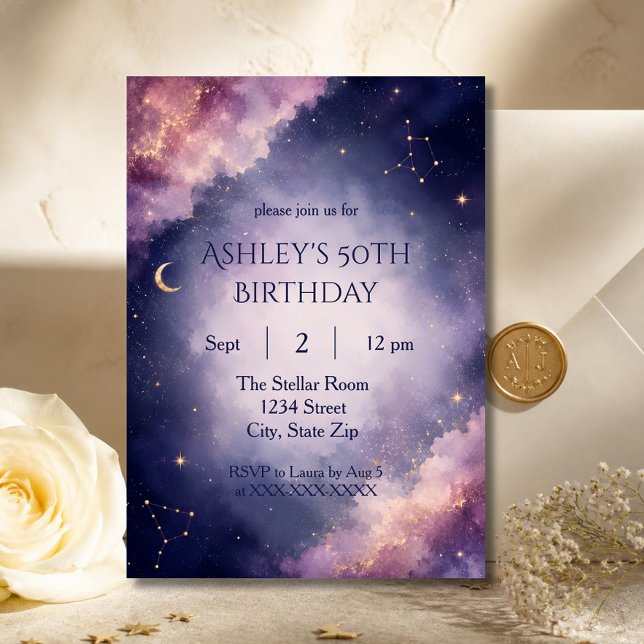 Luxury Starlit 50th Birthday Invitation | Elegance (Luxury celestial invitation featuring elegant galaxy artwork for a memorable 50th birthday.)