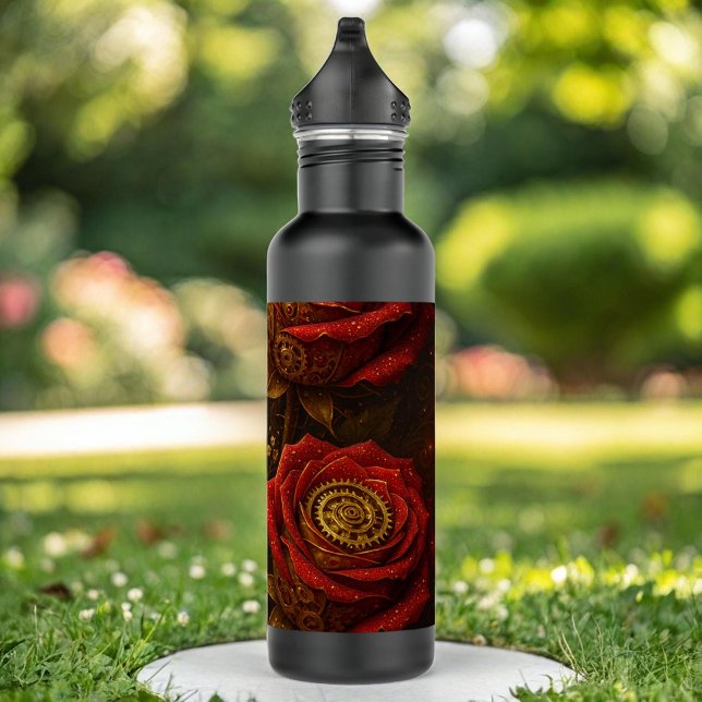 Luxury Steampunk Roses Romantic Gold Gears 710 Ml Water Bottle (Creator Uploaded)