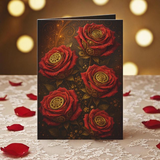 Luxury Steampunk Roses Romantic Gold Gears Card (Creator Uploaded)