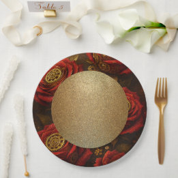 Luxury Steampunk Roses Romantic Gold Gears Paper Plate