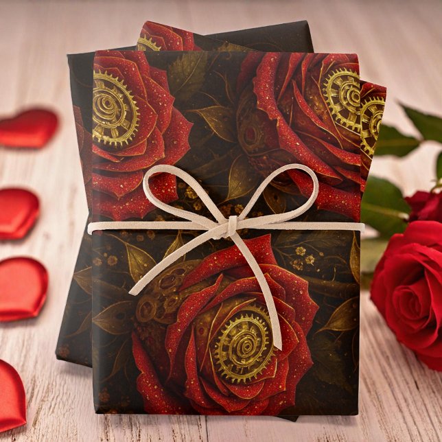 Luxury Steampunk Roses Romantic Gold Gears Wrapping Paper Sheet (Creator Uploaded)