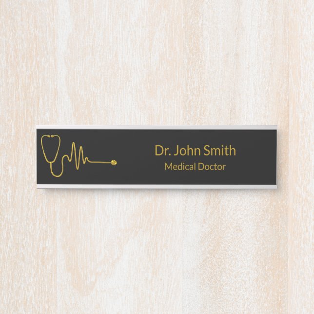 Luxury Stethoscope ECG Wave EKG Line Medical Gold Door Sign (Front)