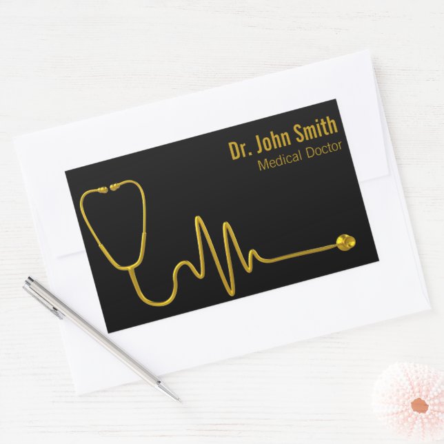Luxury Stethoscope ECG Wave EKG Line Medical Gold Rectangular Sticker (Envelope)