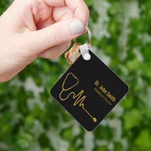 Luxury Stethoscope Gold ECG Wave EKG Line Medical Key Ring