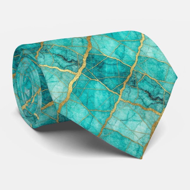 Luxury Stone Tie | Turquoise, Teal & Gold Marble (Rolled)