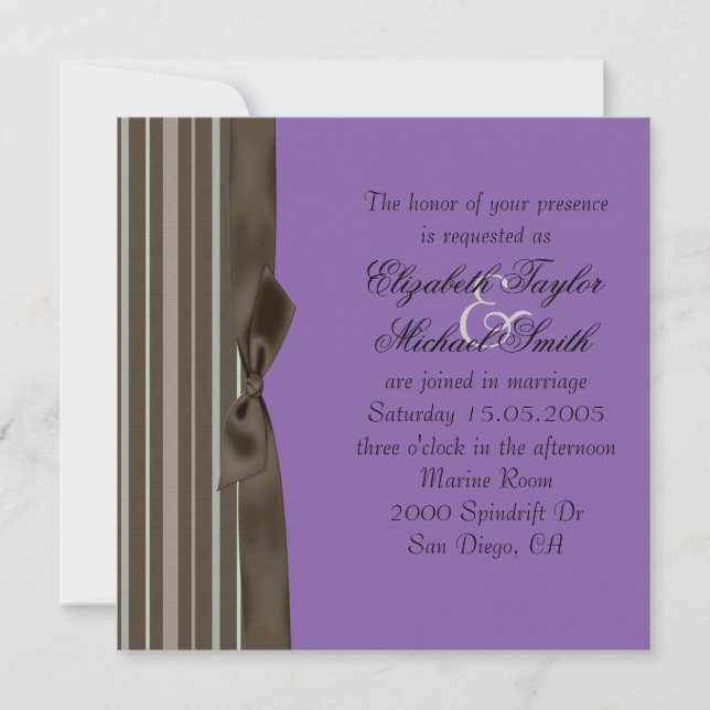 Luxury Style Brown Ribbon Purple Wedding Invite (Front)
