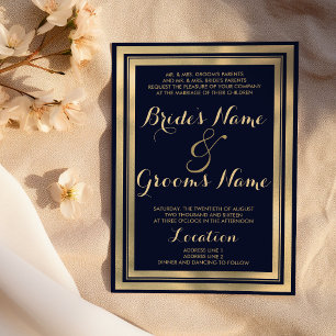 Luxury stylish modern navy blue gold Wedding Invitation