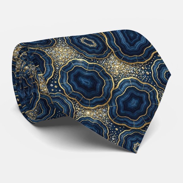 Luxury Suit Tie | Navy Blue + Gold Geode Neck Tie (Rolled)