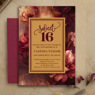 Luxury Sweet 16 Burgundy Floral Gold Invitation