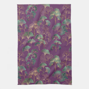Luxury Tael Ginkgo Leaves on Deep Purple (2) Tea Towel