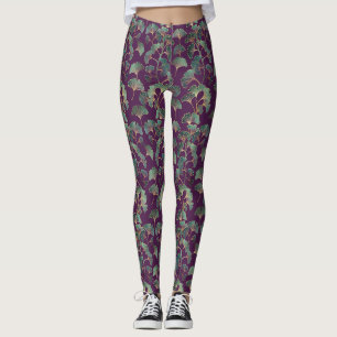 Luxury Tael Ginkgo Leaves on Deep Purple Leggings