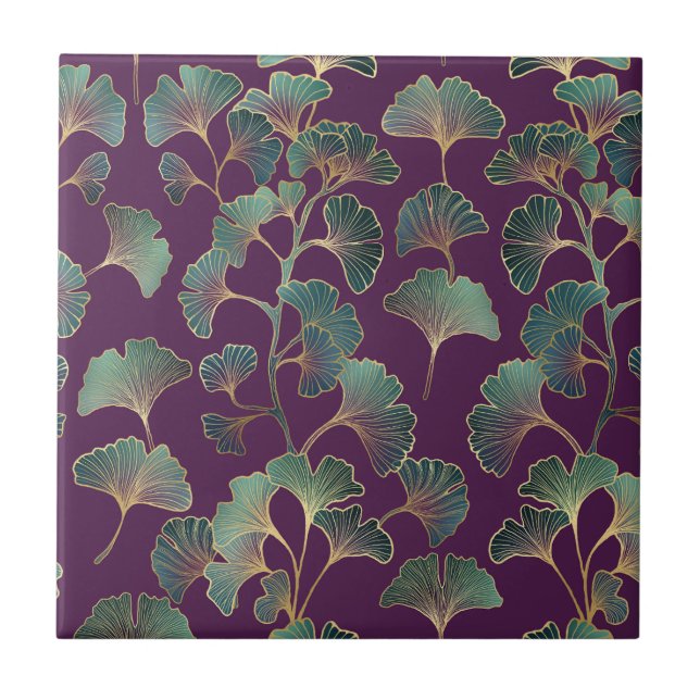 Luxury Tael Ginkgo Leaves on Deep Purple Tile (Front)