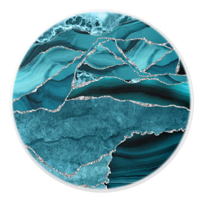Luxury Teal Agate Silver Faux Glitter Drawer Knob (Front)