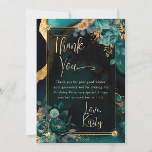Luxury Teal and Gold Floral Agate Birthday Party Thank You Card