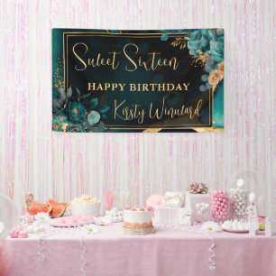Luxury Teal and Gold Floral Agate Sweet 16 Welcome Banner