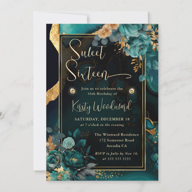 Luxury Teal and Gold Floral Agate Sweet Sixteen Invitation (Front)